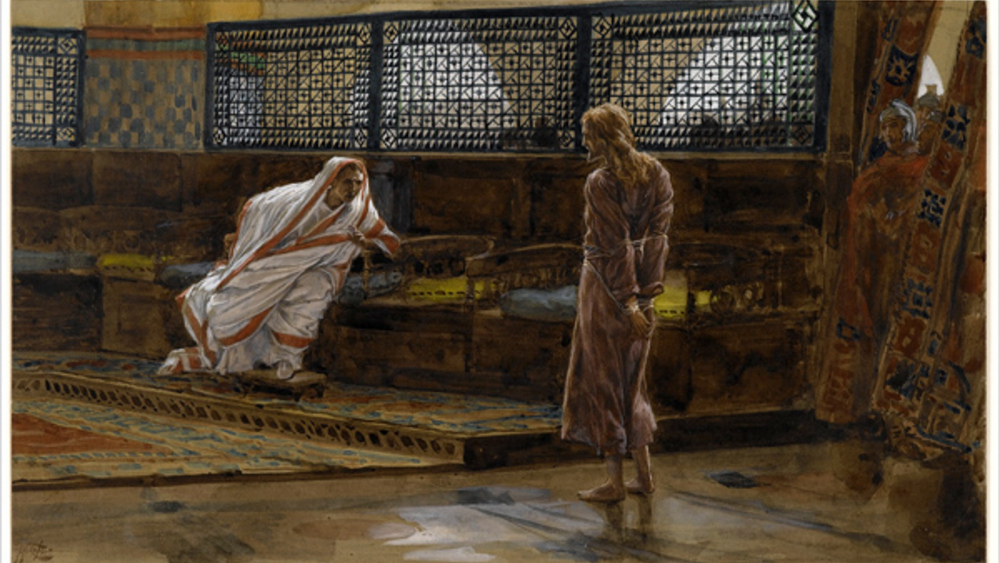 James Tissot, Chrystus przed Piłatem (1894) – Z Ewangelii Jana "A więc jesteś królem?" Odpowiedział Jezus: "Tak, jestem królem."