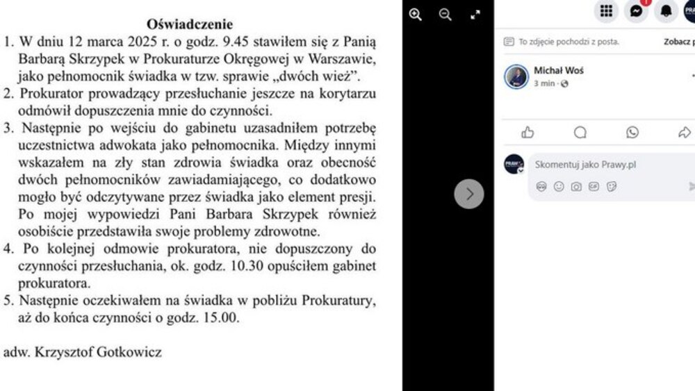 Zrzut ekranu z wpisu posła Michała Wosia